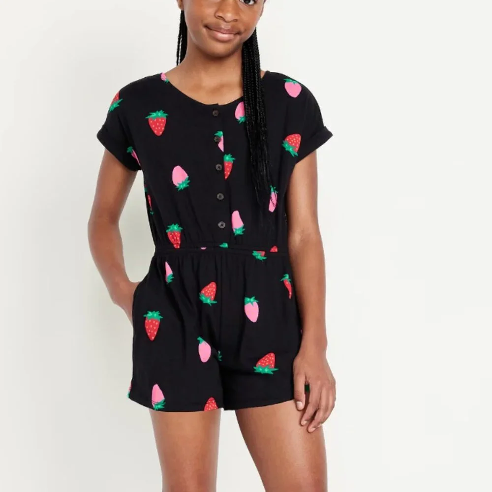 Old Navy - Strawberry Printed Short-Sleeve Button-Front Romper - Girls M (8) - Picture 1 of 6